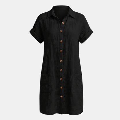 Dresses | A short-sleeved shirt dress featuring a button-down front and side pockets, designed for summer wear. 5