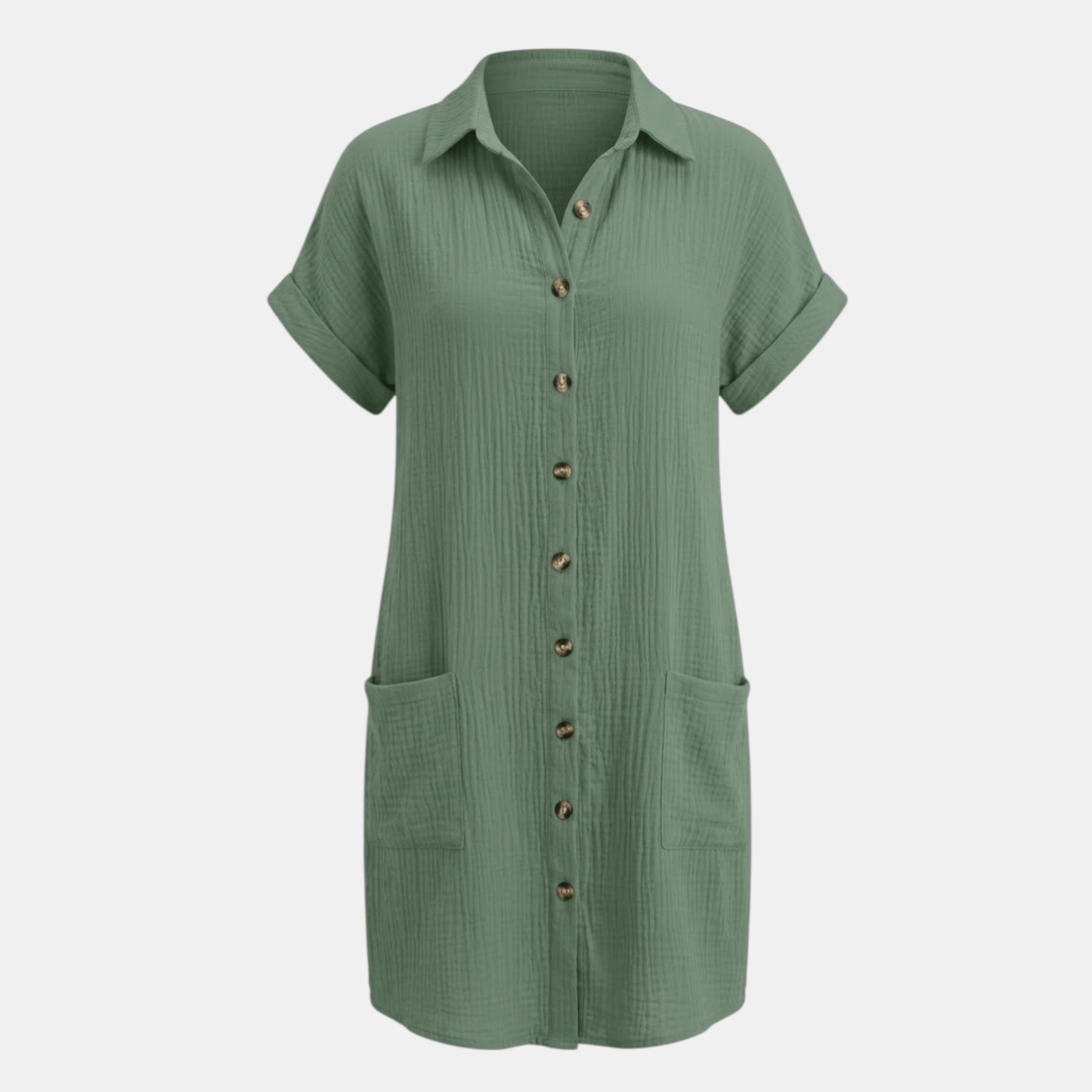 Dresses | A short-sleeved shirt dress featuring a button-down front and side pockets, designed for summer wear. 6