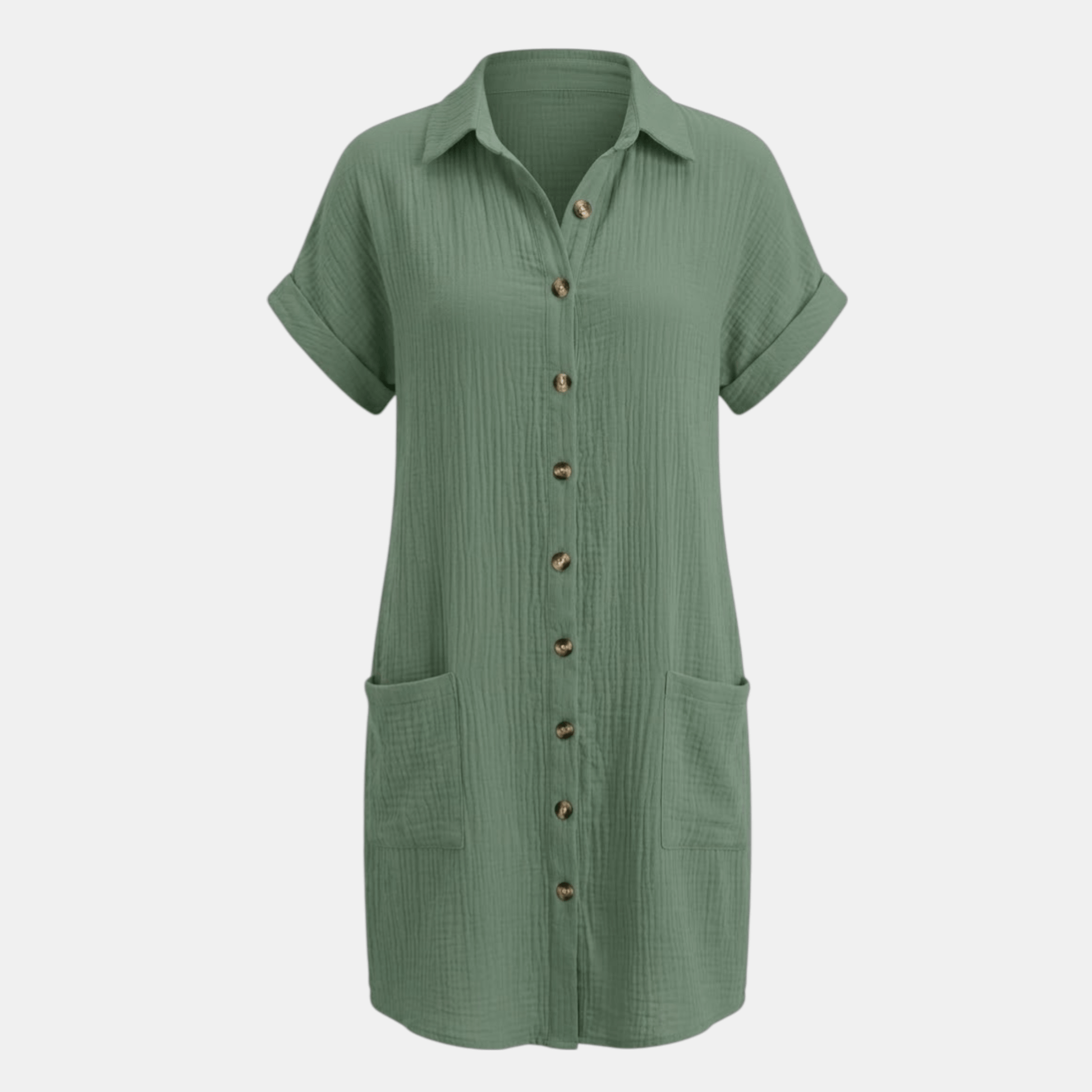 Dresses | A short-sleeved shirt dress featuring a button-down front and side pockets, designed for summer wear. 6