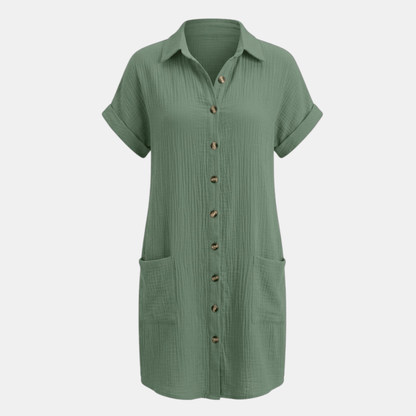Dresses | A short-sleeved shirt dress featuring a button-down front and side pockets, designed for summer wear. 6