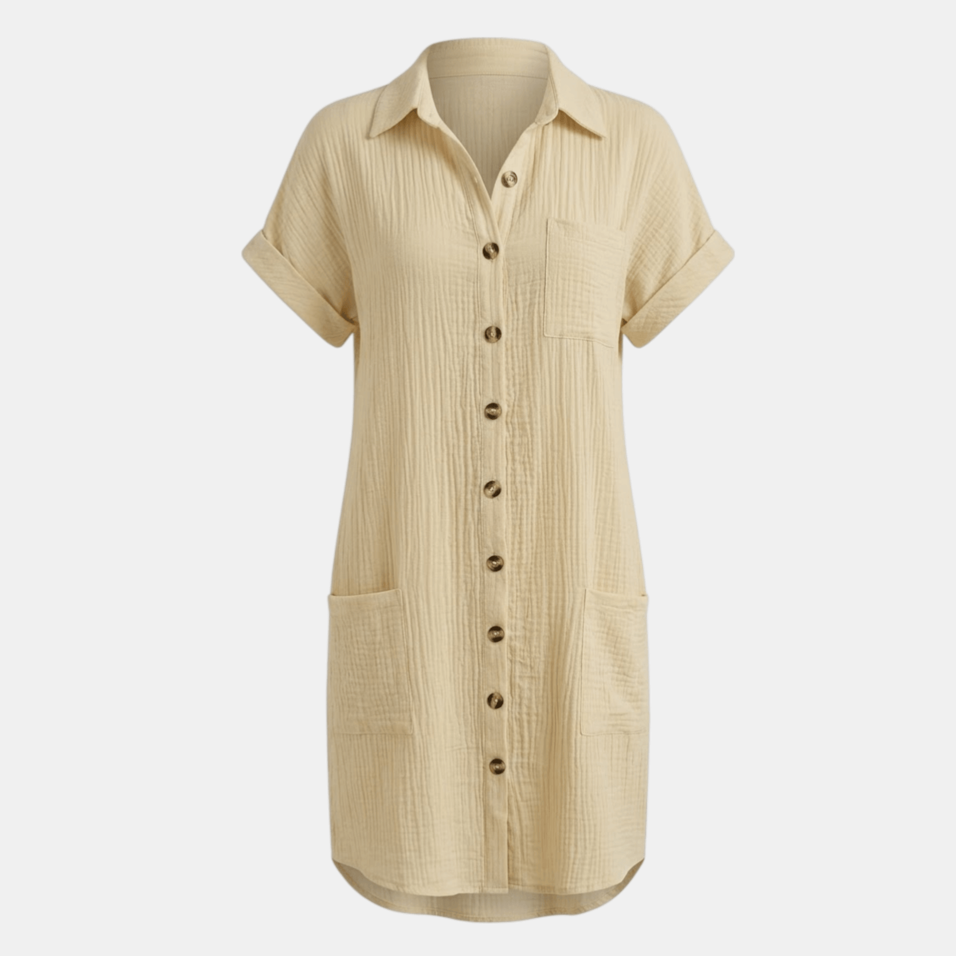 Dresses | A short-sleeved shirt dress featuring a button-down front and side pockets, designed for summer wear. 7