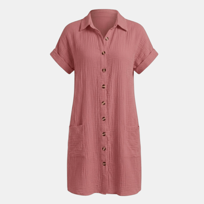 Dresses | A short-sleeved shirt dress featuring a button-down front and side pockets, designed for summer wear. 8