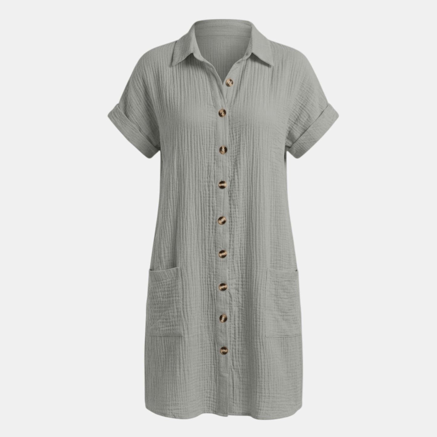 Dresses | A short-sleeved shirt dress featuring a button-down front and side pockets, designed for summer wear. 9