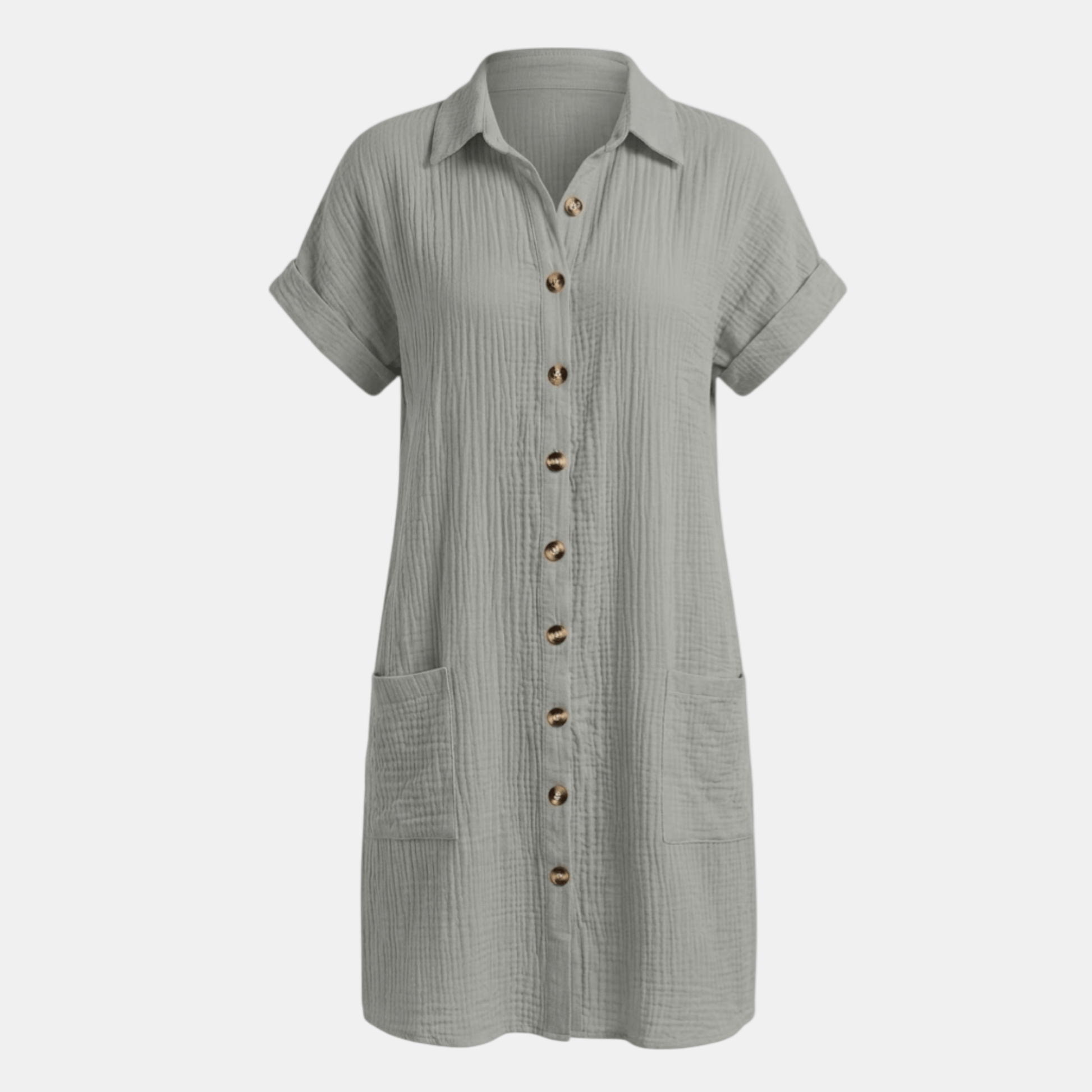 Dresses | A short-sleeved shirt dress featuring a button-down front and side pockets, designed for summer wear. 9