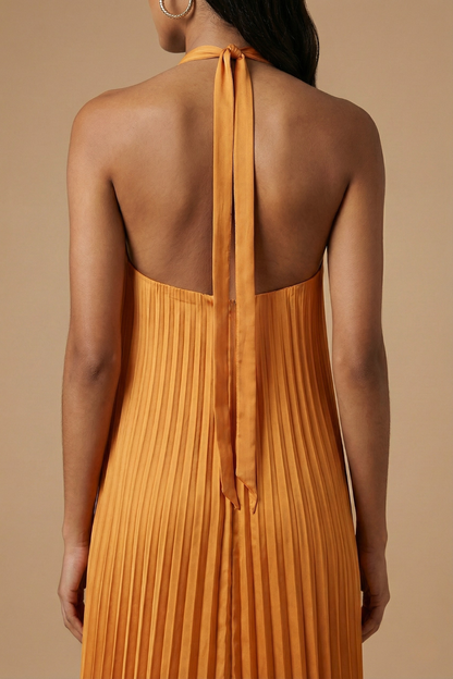 Maxi dress with pleats and an open back, designed for formal occasions such as weddings. 4