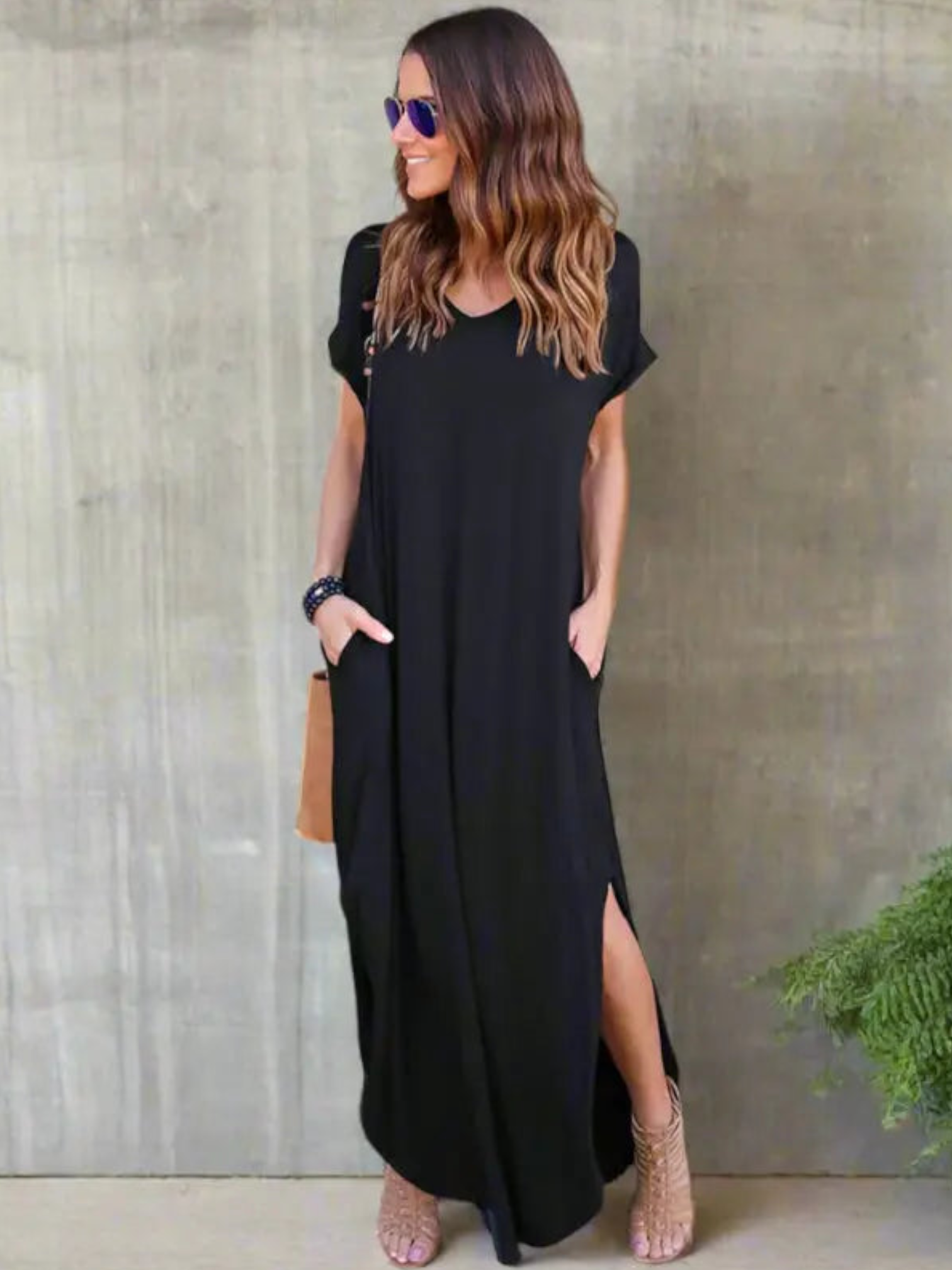 Maxi T-shirt dress featuring a V-neckline and a side slit, designed for summer wear. 0