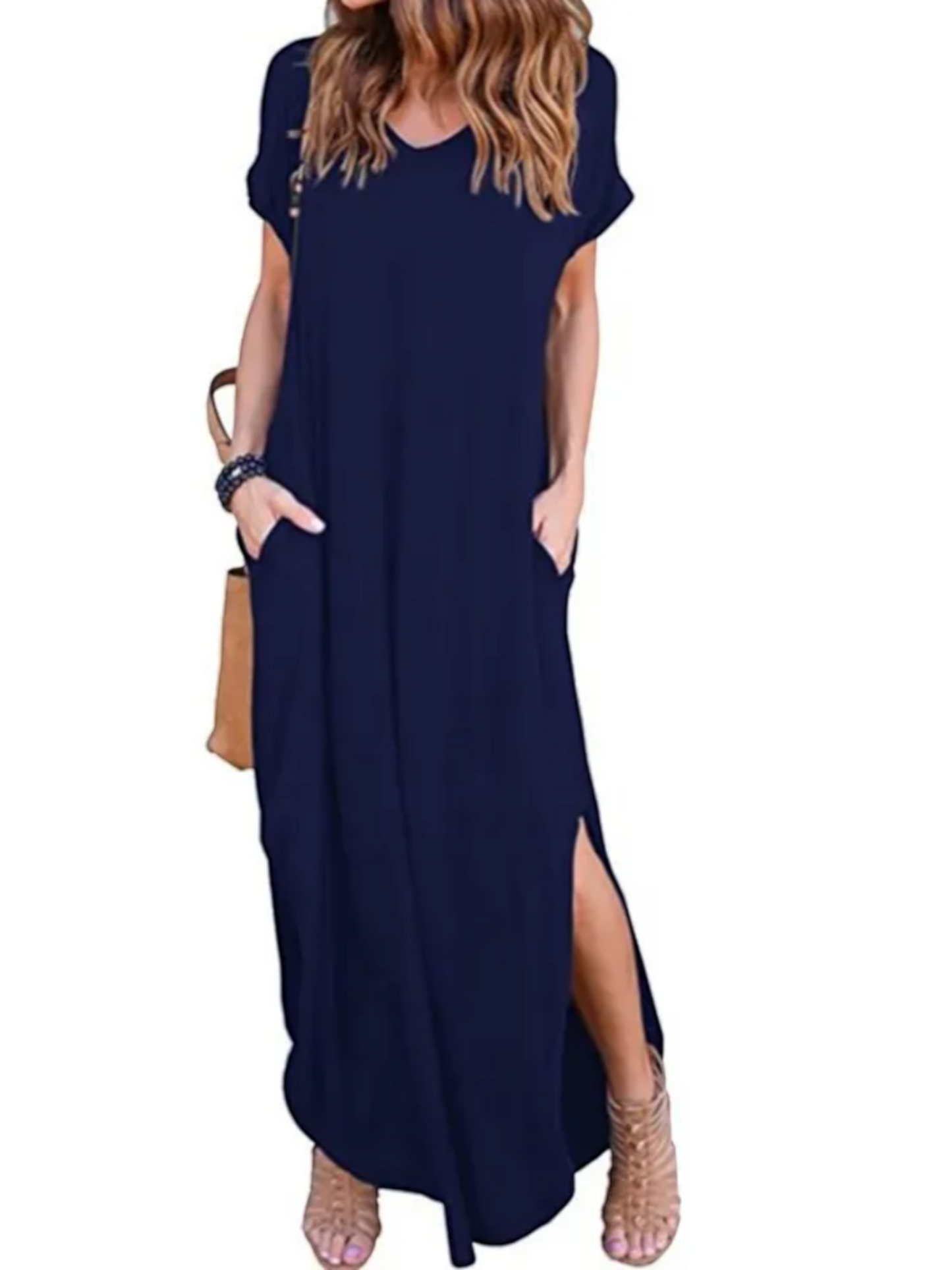 Maxi T-shirt dress featuring a V-neckline and a side slit, designed for summer wear. 10