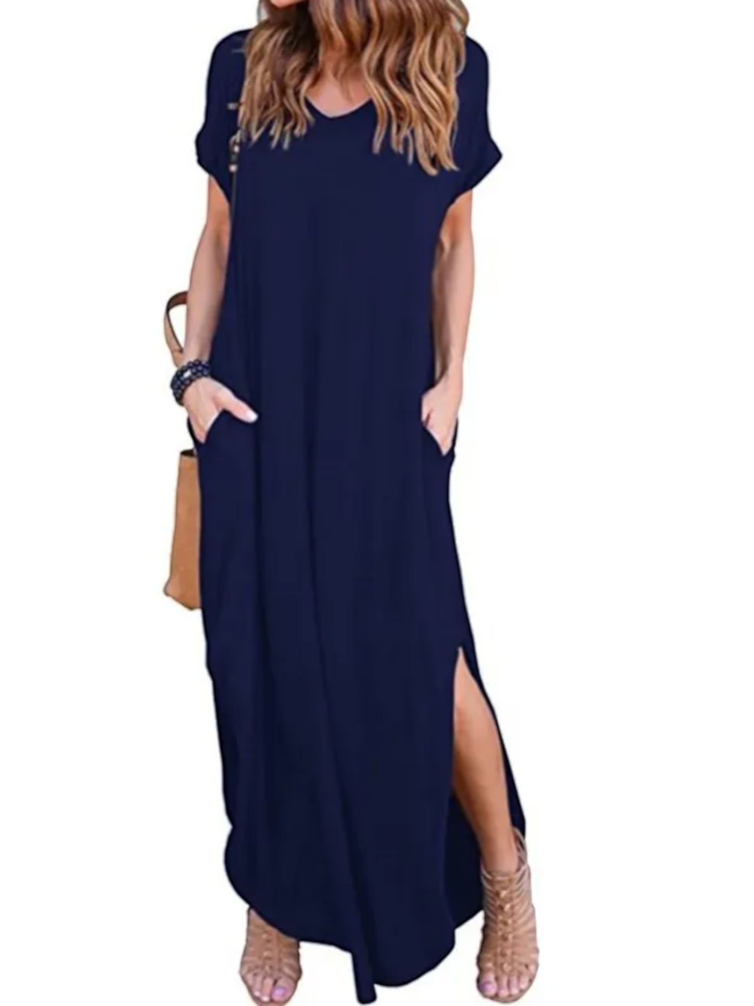 Maxi T-shirt dress featuring a V-neckline and a side slit, designed for summer wear. 10