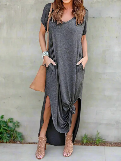 Maxi T-shirt dress featuring a V-neckline and a side slit, designed for summer wear. 4