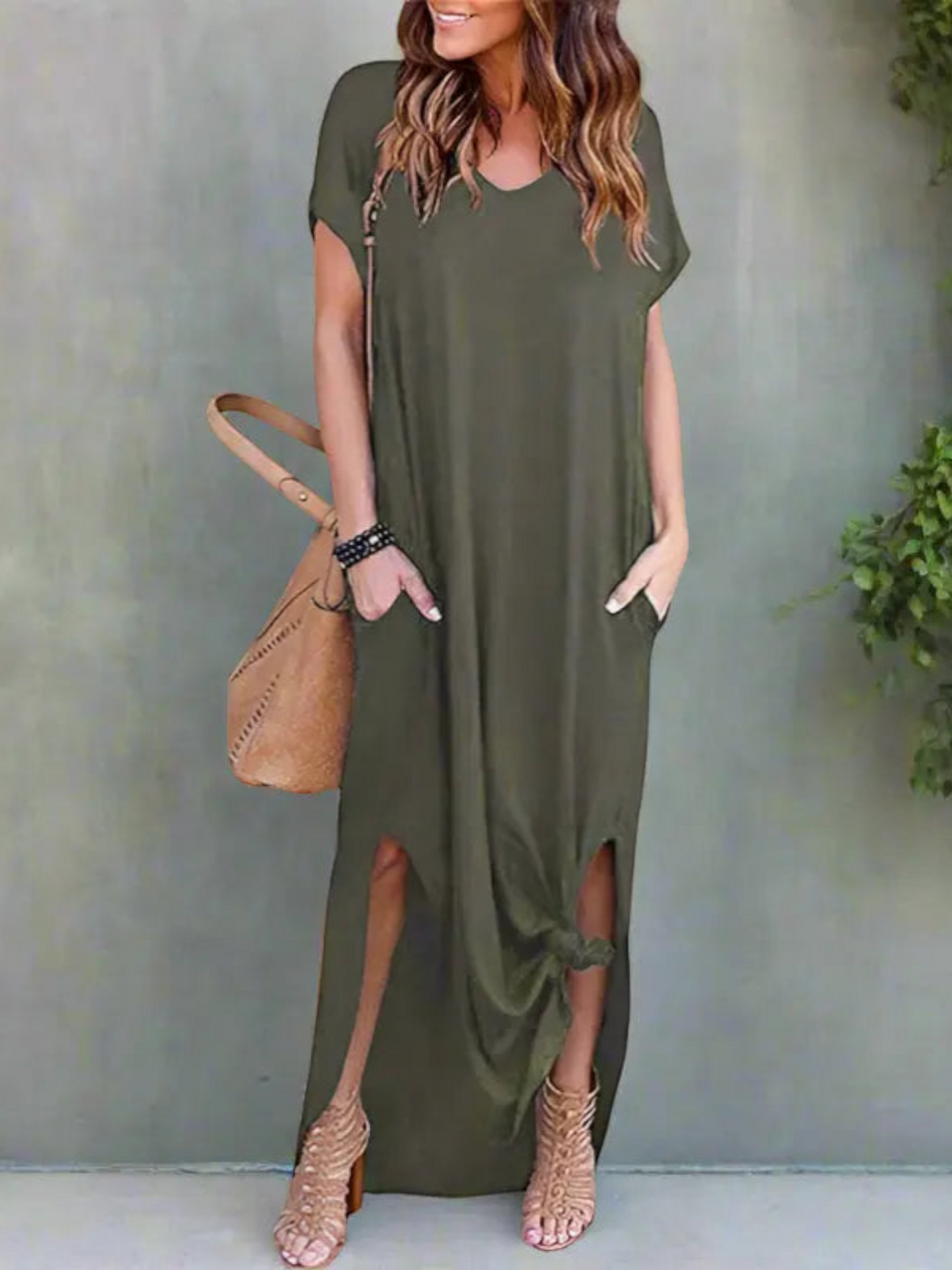 Maxi T-shirt dress featuring a V-neckline and a side slit, designed for summer wear. 5