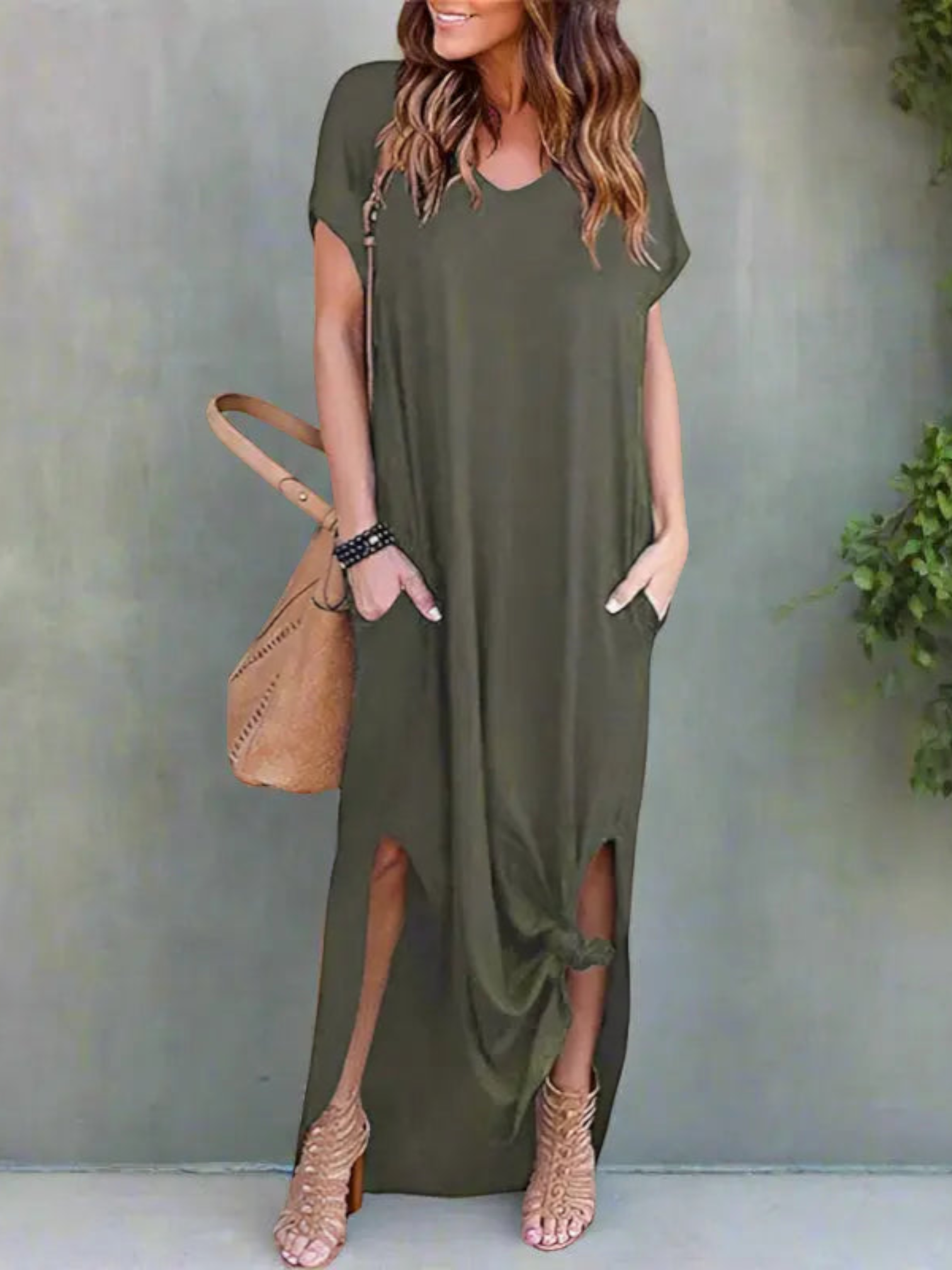 Maxi T-shirt dress featuring a V-neckline and a side slit, designed for summer wear. 5