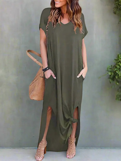 Maxi T-shirt dress featuring a V-neckline and a side slit, designed for summer wear. 5