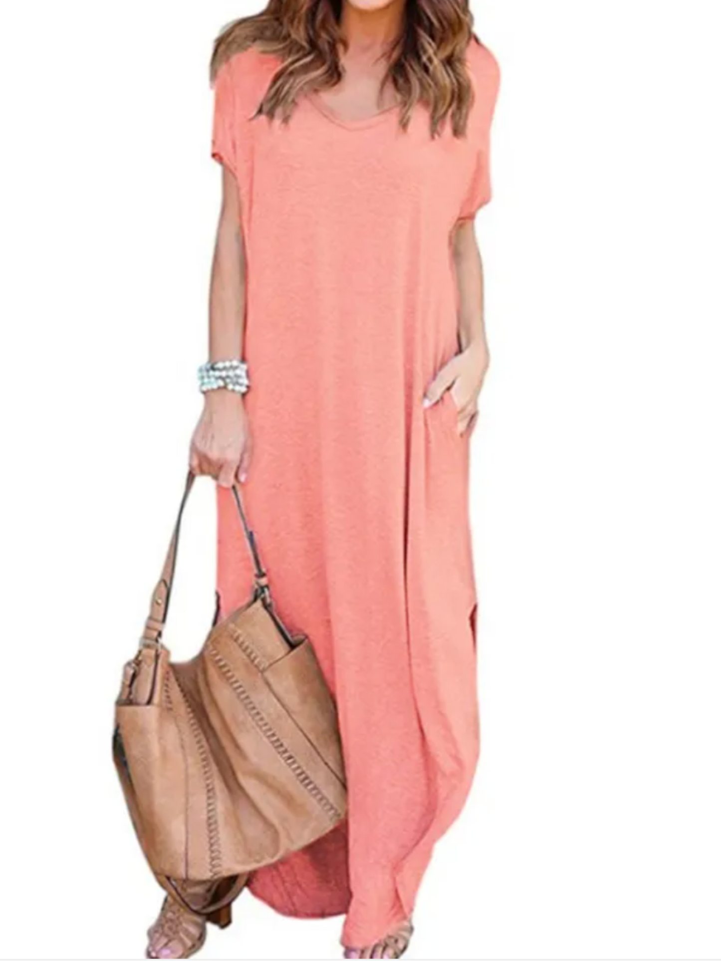 Maxi T-shirt dress featuring a V-neckline and a side slit, designed for summer wear. 9