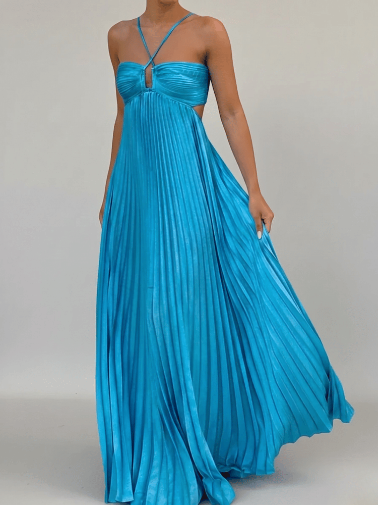 Maxi dress with a halter neckline and pleated A-line design, suitable for weddings. 4