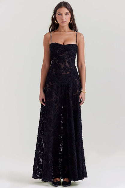Maxi dress for women featuring a floral pattern and a fitted bodice, suitable for weddings. 0