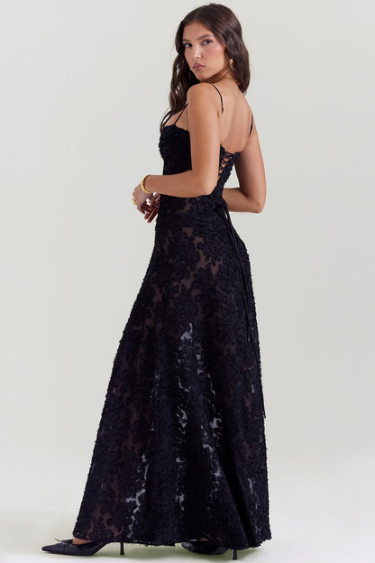 Maxi dress for women featuring a floral pattern and a fitted bodice, suitable for weddings. 1