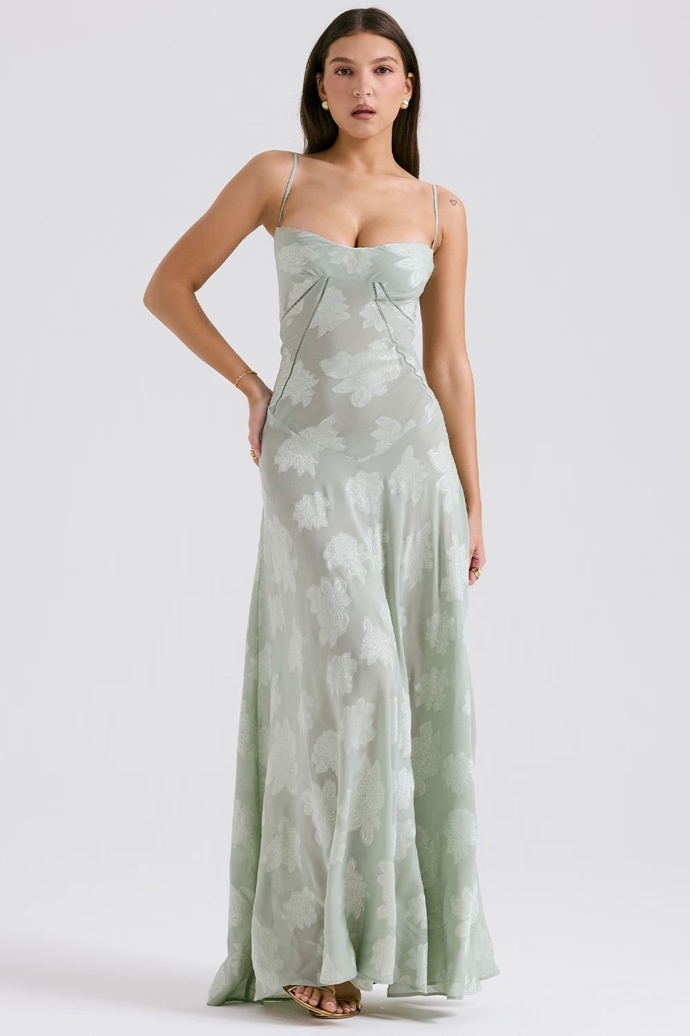 Maxi dress for women featuring a floral pattern and a fitted bodice, suitable for weddings. 10