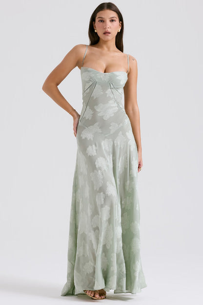 Maxi dress for women featuring a floral pattern and a fitted bodice, suitable for weddings. 10