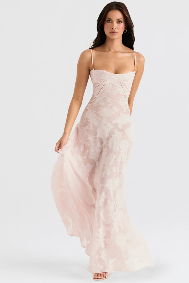 Maxi dress for women featuring a floral pattern and a fitted bodice, suitable for weddings. 11