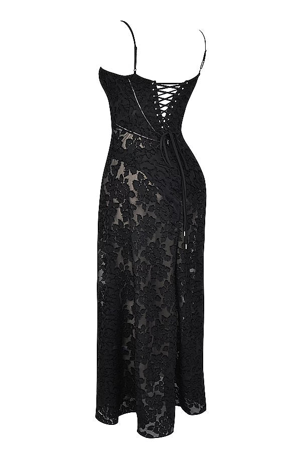 Maxi dress for women featuring a floral pattern and a fitted bodice, suitable for weddings. 3