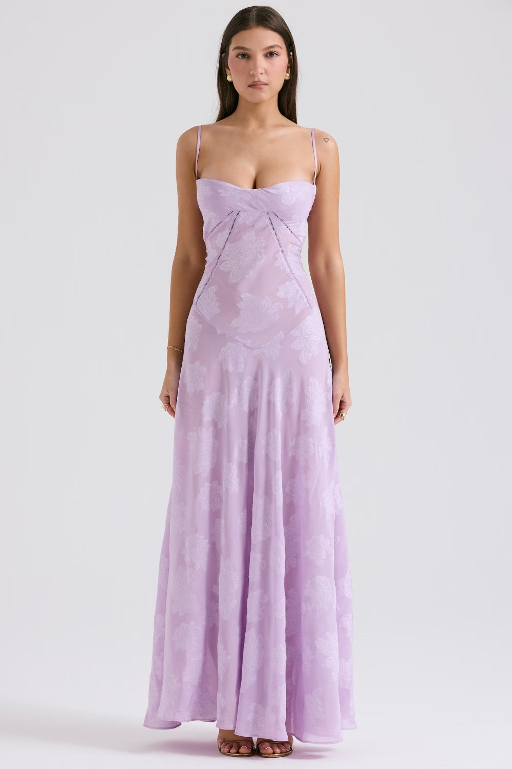 Maxi dress for women featuring a floral pattern and a fitted bodice, suitable for weddings. 9