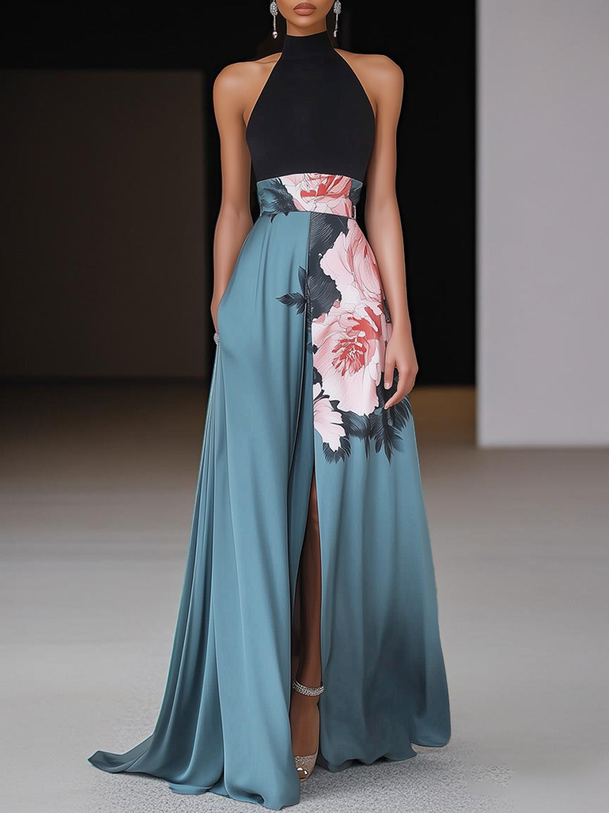 Maxi dress for women with a round neckline and an elegant slit, displayed on a mannequin against a neutral background. 0