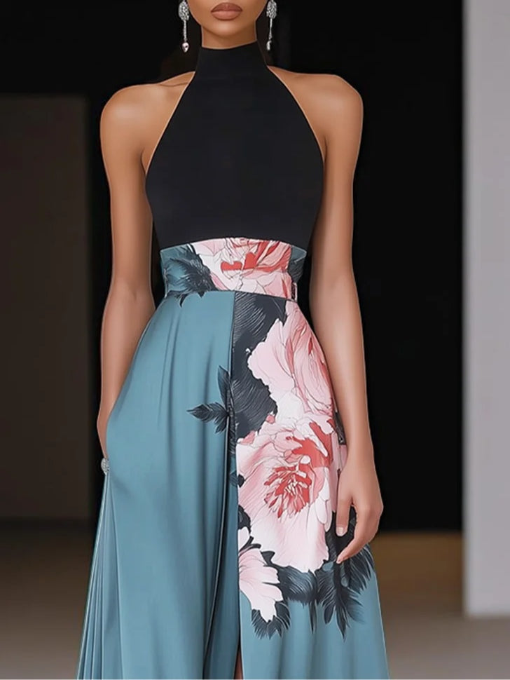 Maxi dress for women with a round neckline and an elegant slit, displayed on a mannequin against a neutral background. 1