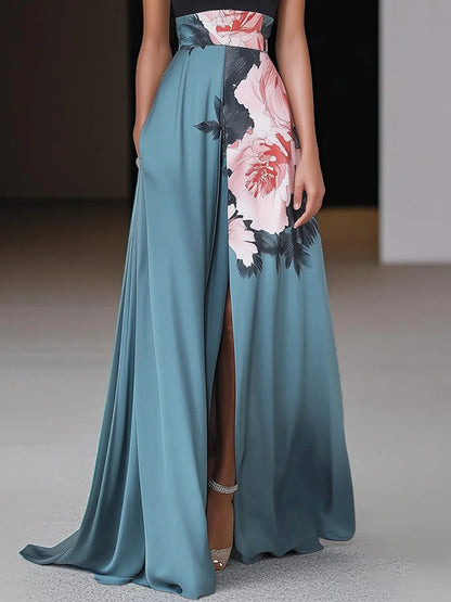 Maxi dress for women with a round neckline and an elegant slit, displayed on a mannequin against a neutral background. 2
