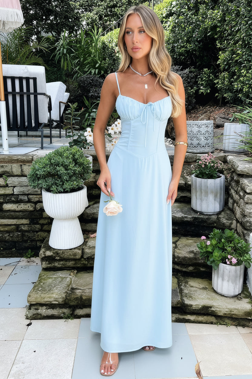 Maxi dress for women with spaghetti straps and a heart-shaped neckline, designed for formal events such as weddings. 7