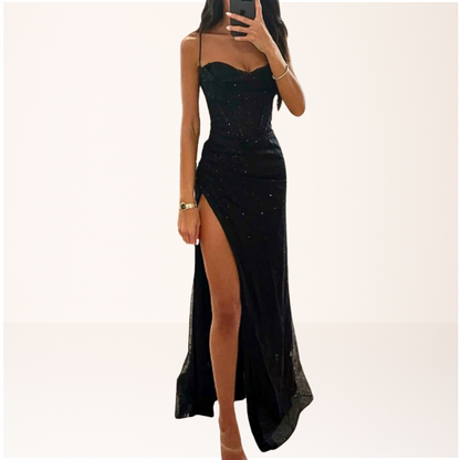 Maxi dress with sequins and thin straps suitable for a wedding. 0