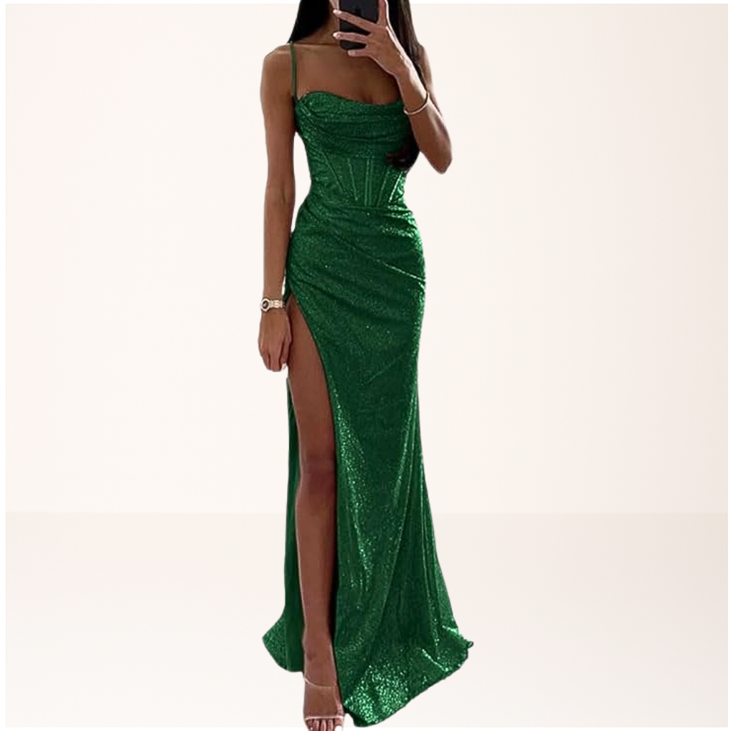 Maxi dress with sequins and thin straps suitable for a wedding. 1