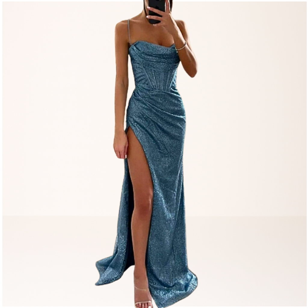 Maxi dress with sequins and thin straps suitable for a wedding. 2