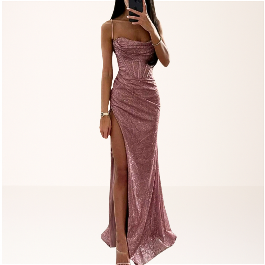 Maxi dress with sequins and thin straps suitable for a wedding. 3