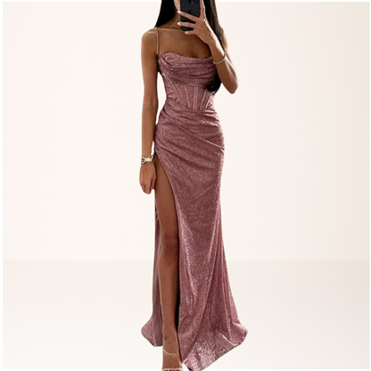 Maxi dress with sequins and thin straps suitable for a wedding. 3