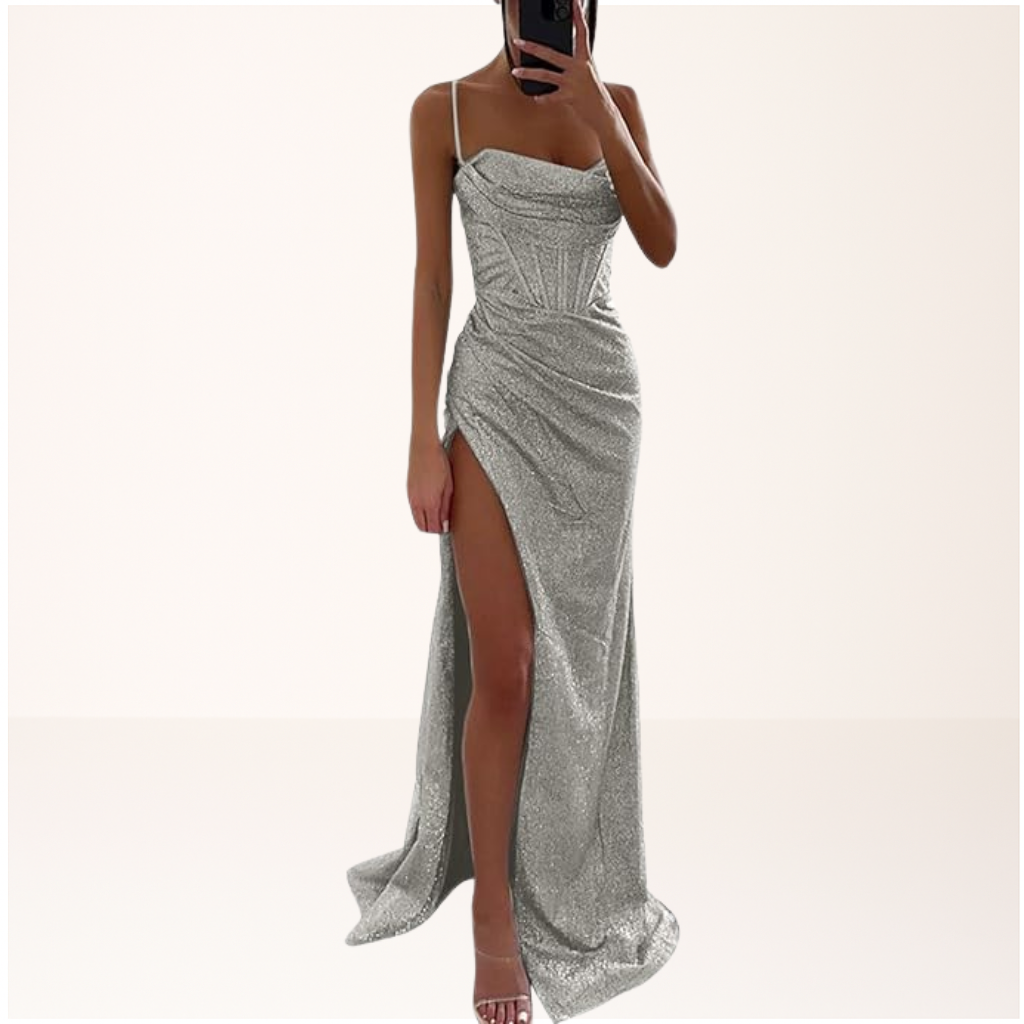 Maxi dress with sequins and thin straps suitable for a wedding. 4