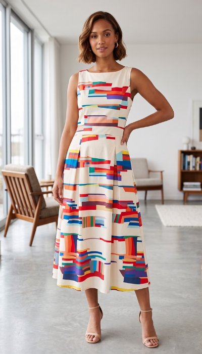 Maxi dress featuring a geometric print and a flattering silhouette, displayed on a mannequin against a neutral background. 0