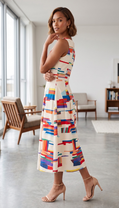 Maxi dress featuring a geometric print and a flattering silhouette, displayed on a mannequin against a neutral background. 1