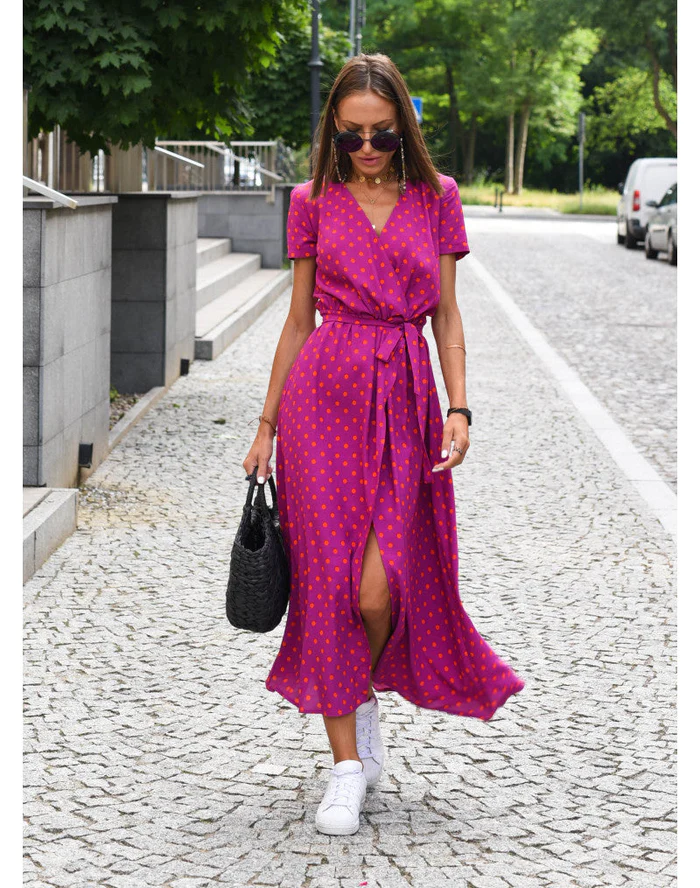 Maxi dress with short sleeves and a wrap neckline, designed for formal occasions such as weddings. 3