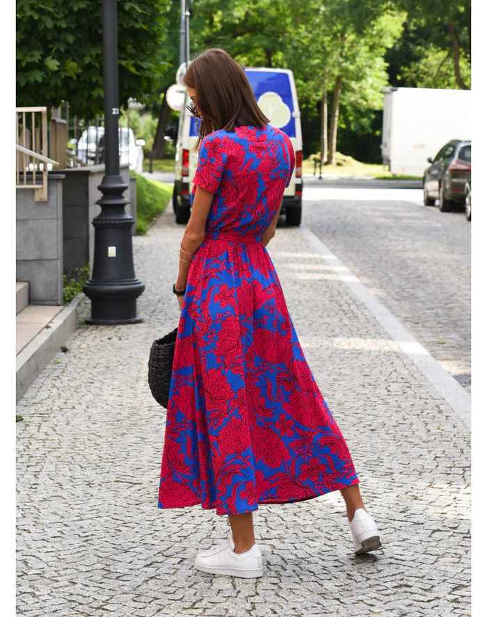 Maxi dress with short sleeves and a wrap neckline, designed for formal occasions such as weddings. 5