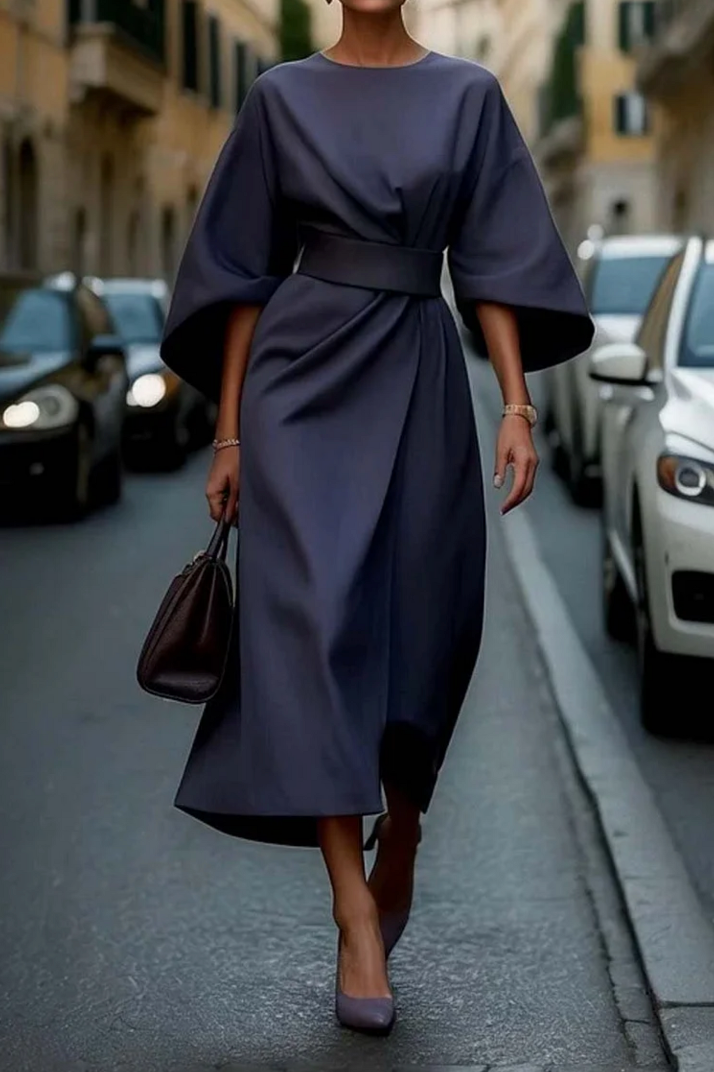 Elegant midi dress for women featuring kimono sleeves and a matching belt. The dress has a flowing silhouette and is designed for formal occasions. 0