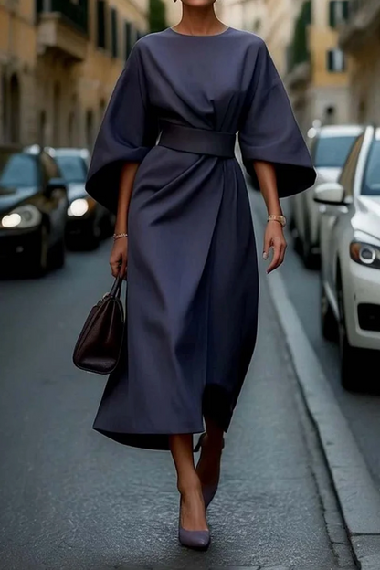 Elegant midi dress for women featuring kimono sleeves and a matching belt. The dress has a flowing silhouette and is designed for formal occasions. 0