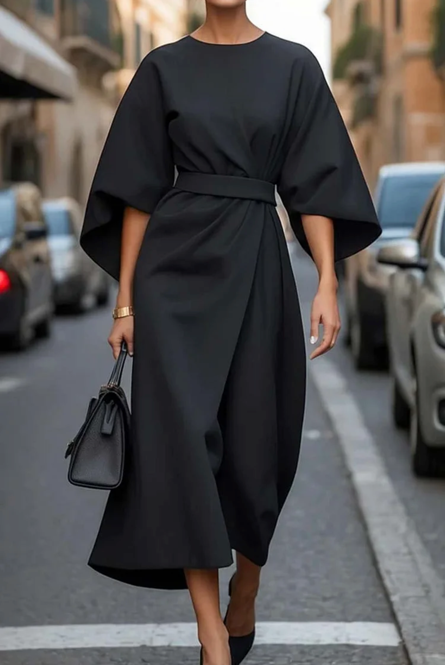 Elegant midi dress for women featuring kimono sleeves and a matching belt. The dress has a flowing silhouette and is designed for formal occasions. 2