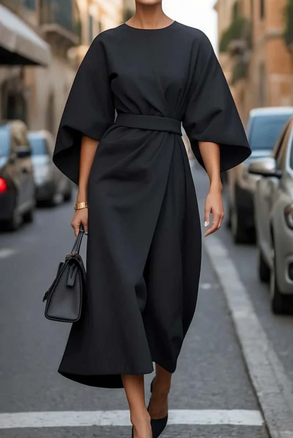 Elegant midi dress for women featuring kimono sleeves and a matching belt. The dress has a flowing silhouette and is designed for formal occasions. 2