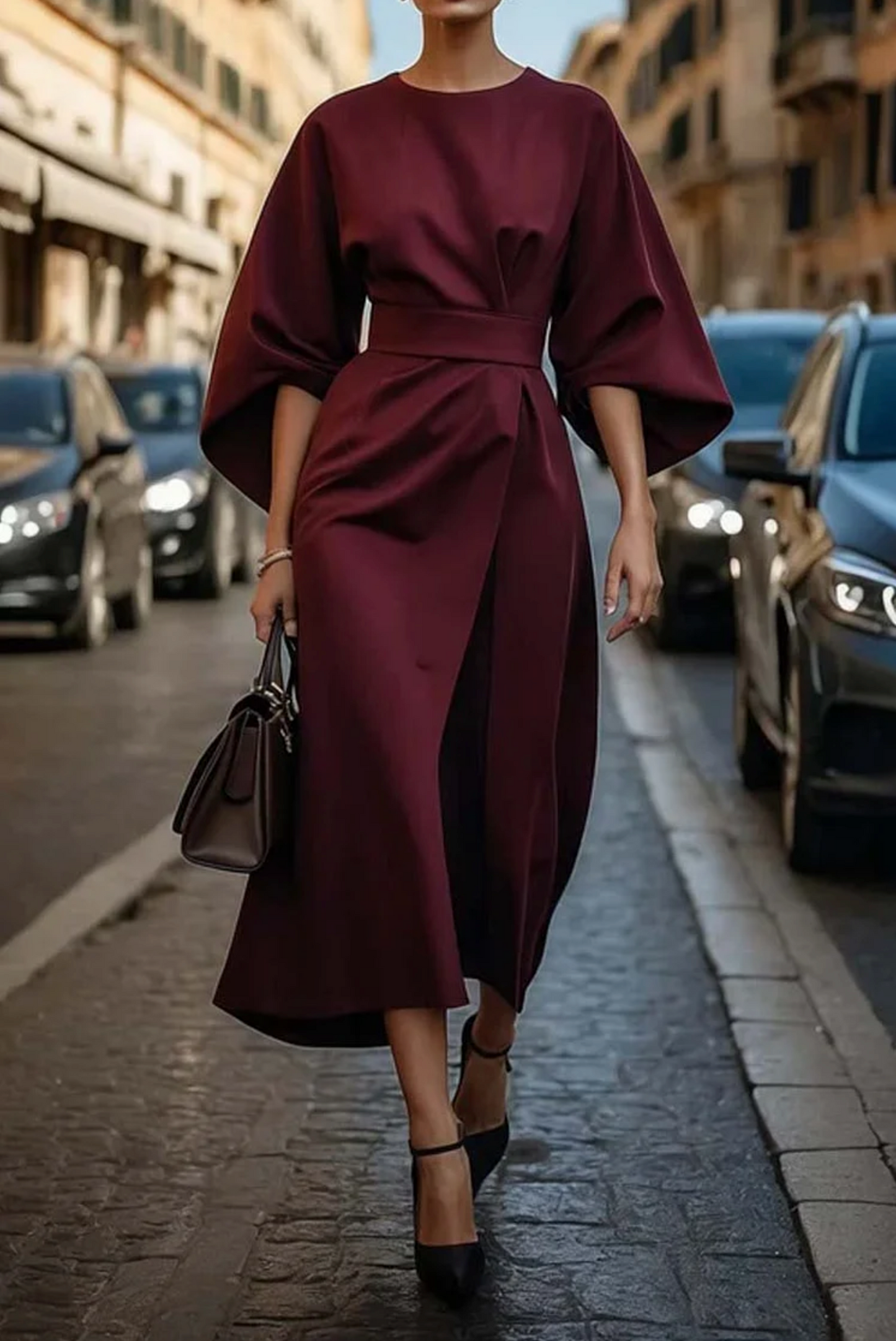 Elegant midi dress for women featuring kimono sleeves and a matching belt. The dress has a flowing silhouette and is designed for formal occasions. 3