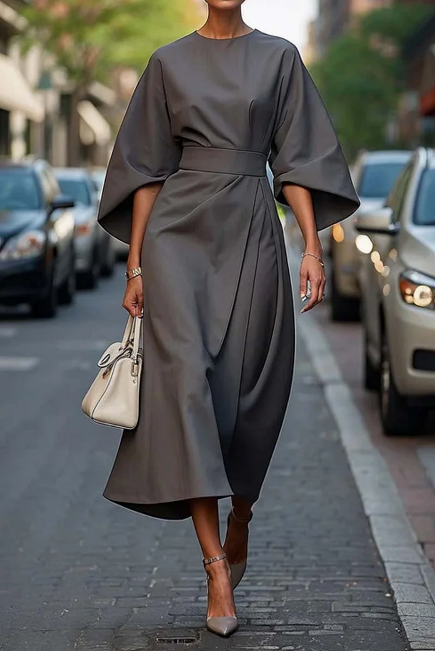 Elegant midi dress for women featuring kimono sleeves and a matching belt. The dress has a flowing silhouette and is designed for formal occasions. 4