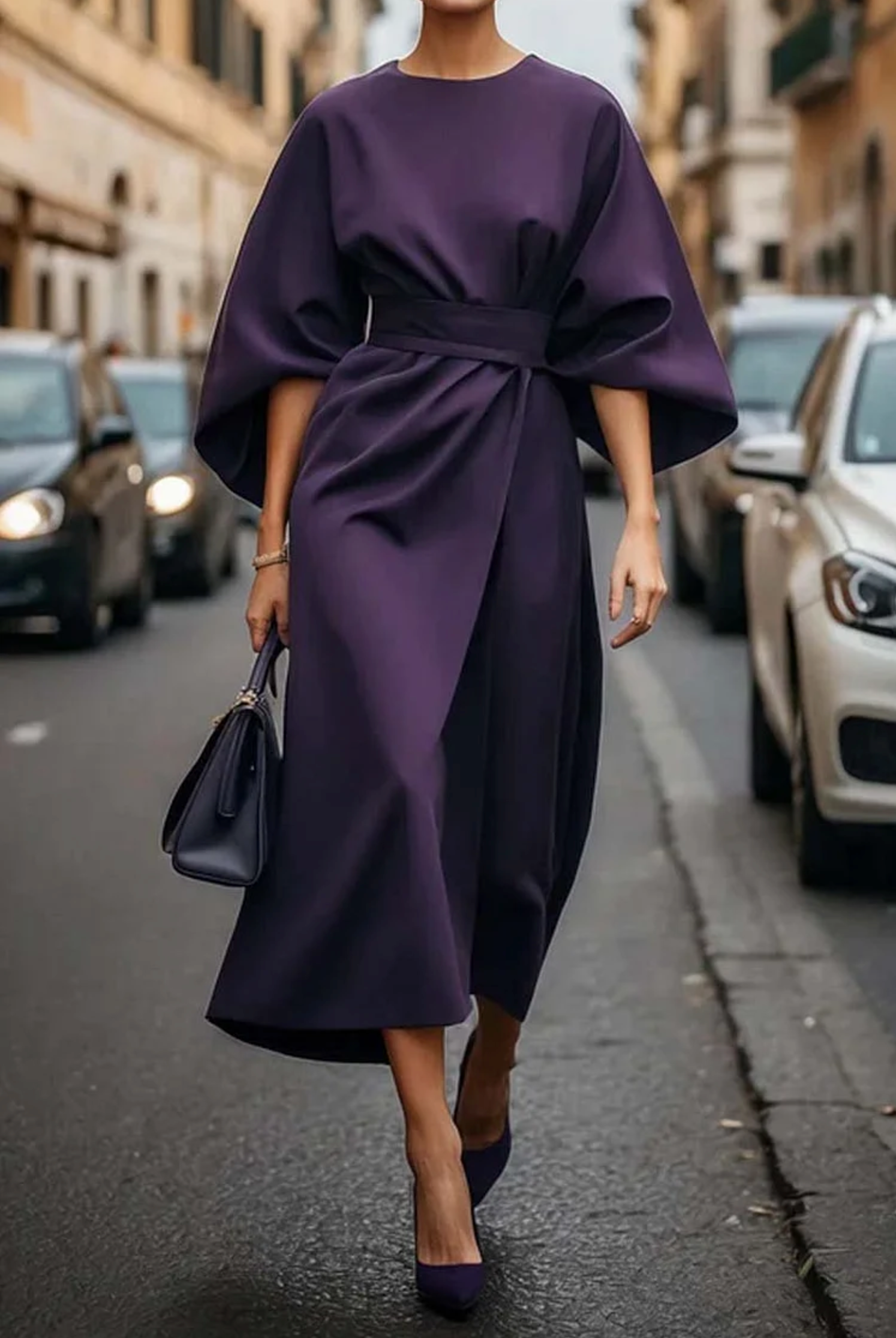 Elegant midi dress for women featuring kimono sleeves and a matching belt. The dress has a flowing silhouette and is designed for formal occasions. 5