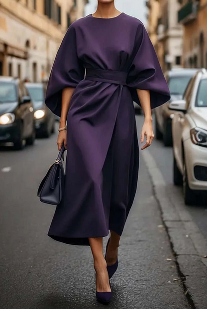Elegant midi dress for women featuring kimono sleeves and a matching belt. The dress has a flowing silhouette and is designed for formal occasions. 5