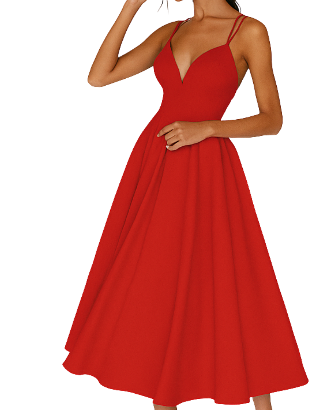 Dresses: A midi dress with spaghetti straps featuring an elegant accent, designed for formal occasions like weddings. 0