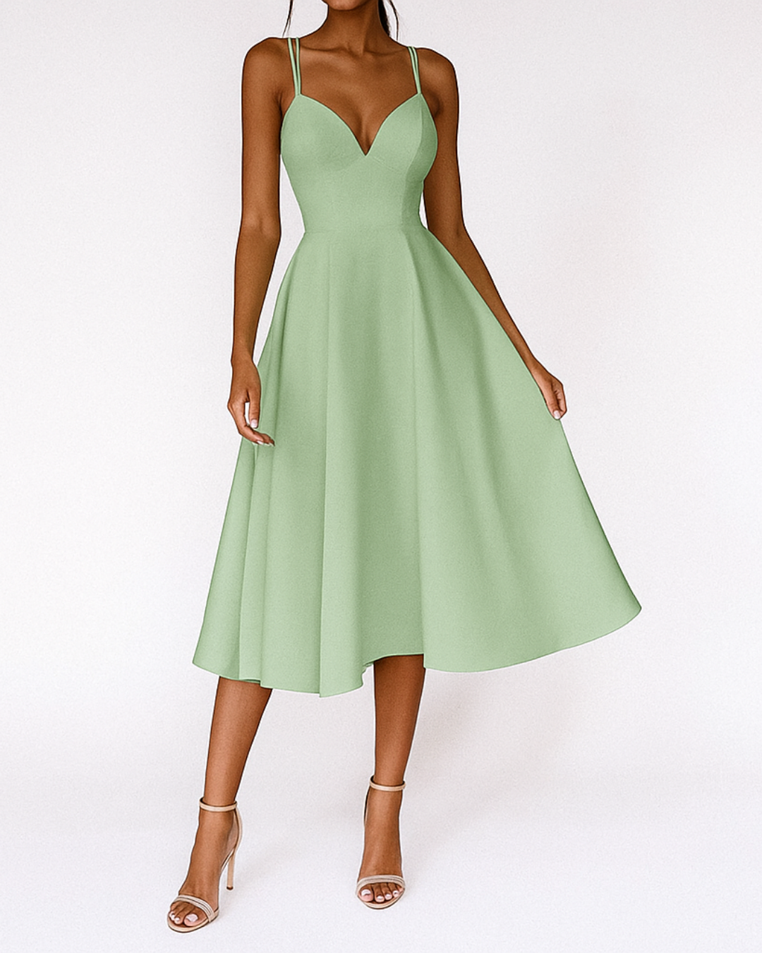 Dresses: A midi dress with spaghetti straps featuring an elegant accent, designed for formal occasions like weddings. 5