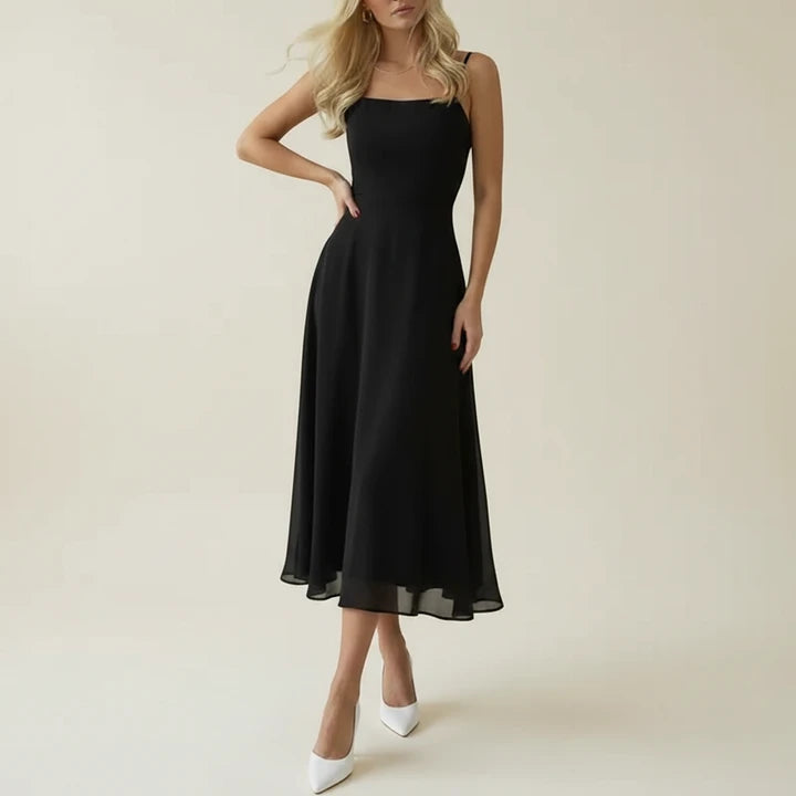 A sleeveless midi dress featuring a square neckline, designed for formal occasions such as weddings. The dress has a fitted bodice and a flowing skirt, 1